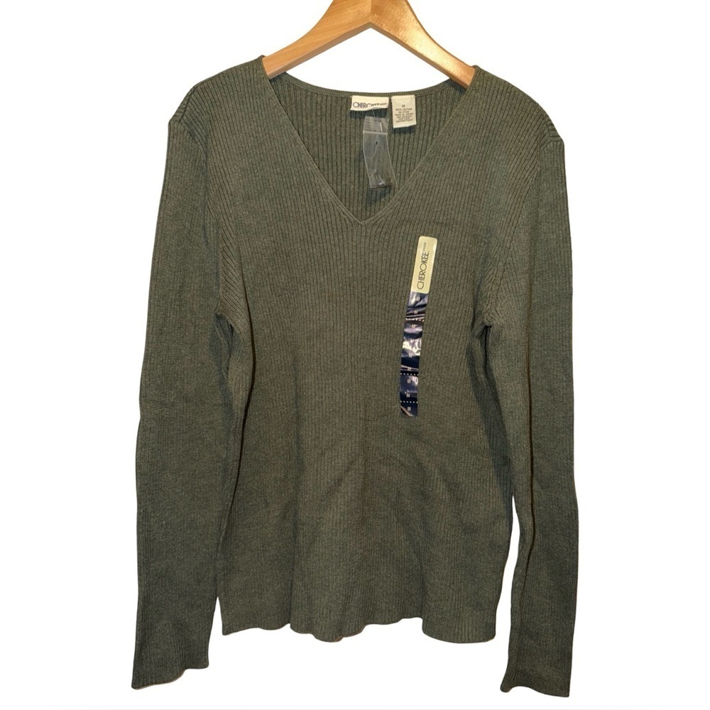 NWT Cherokee 100% Cotton Olive V-Neck Ribbed Women's Sweater Top